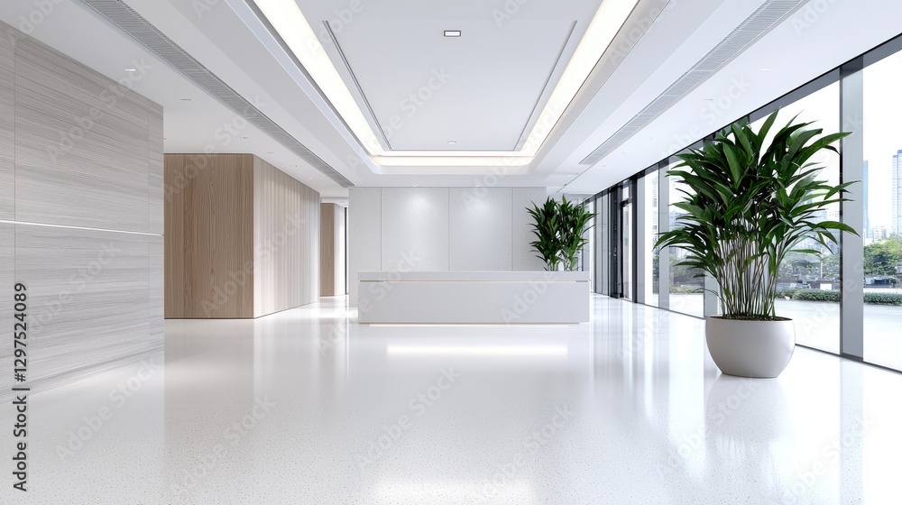 Modern Empty Office Lobby, Spacious Reception Area, City View Modern Empty Office Lobby, Spacious Reception Area, City View