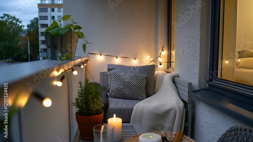A small balcony transformed into a cozy outdoor retreat with string lights, potted plants, and comfortable seating