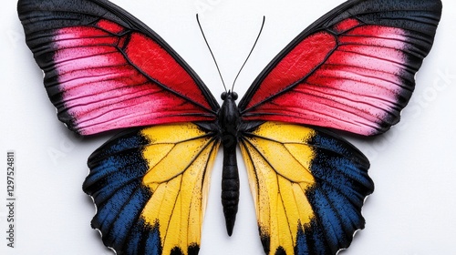 Colorful butterfly wings spread, white background, nature close-up, design element