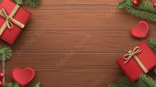 Festive Red Gift Boxes and Hearts on Wooden Backgrounds for Christmas Decorations. Holiday Imagery