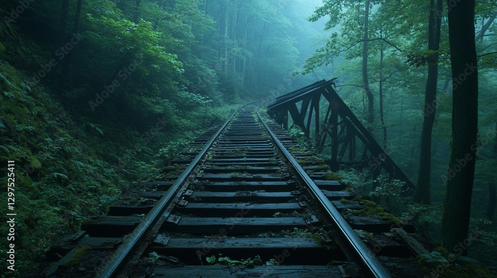 Misty forest railway, broken bridge, vanishing point Misty forest railway, broken bridge, vanishing point