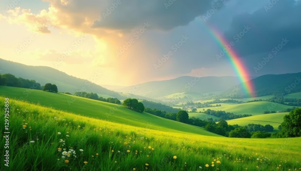 Naklejka premium Serene rainbow arcing over rolling green hills, sunlit meadow , arc, hills, rural