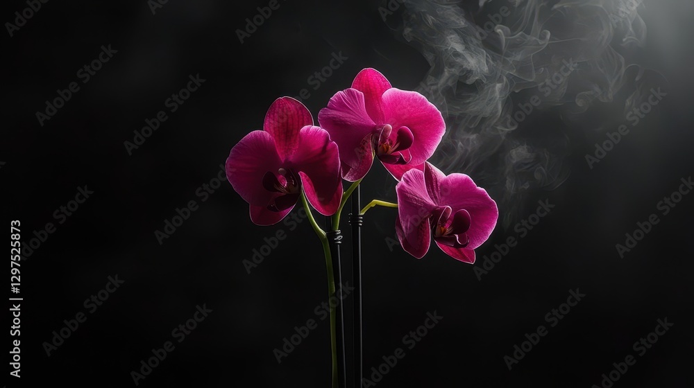 Obraz premium Three vibrant pink orchids stand gracefully against a dark background, illuminated by soft light, creating a serene and elegant atmosphere.