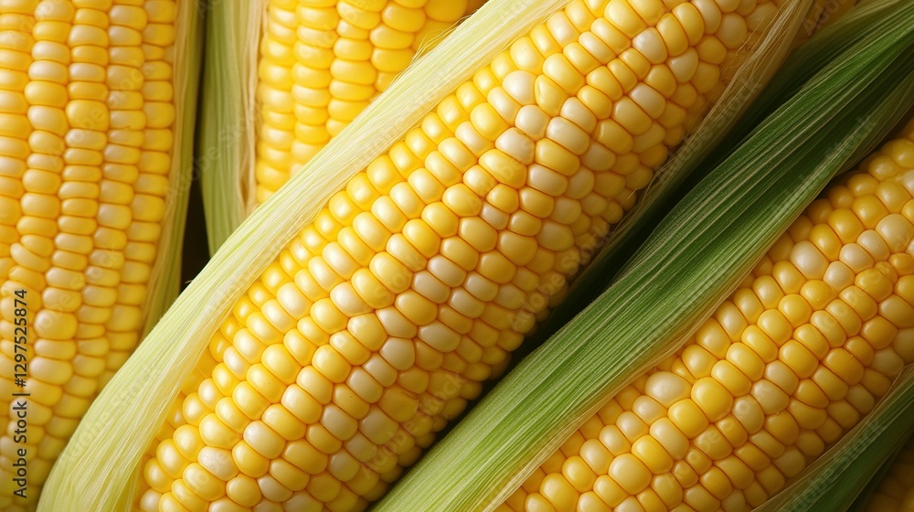 Freshly picked ears of corn with green husks are visible Freshly picked ears of corn with green husks are visible