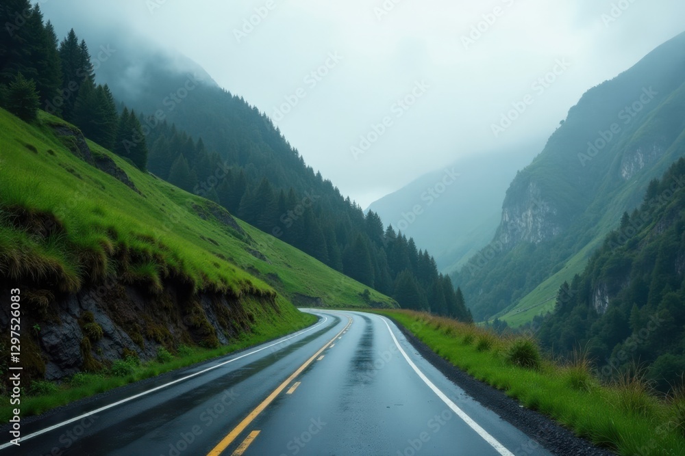 Serene Mountain Road After a Rainfall, Winding Through Lush Green Hills and Misty Peaks Serene Mountain Road After a Rainfall, Winding Through Lush Green Hills and Misty Peaks
