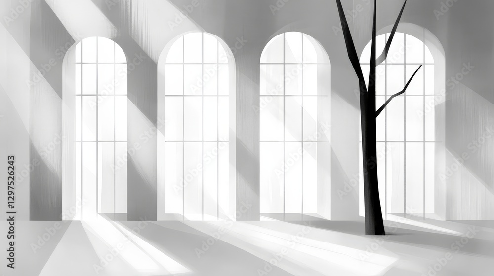 Fototapeta premium Minimalist black and white interior with large arched windows casting dramatic shadows and a lone tree silhouette creating artistic contrast in high resolution architectural concept