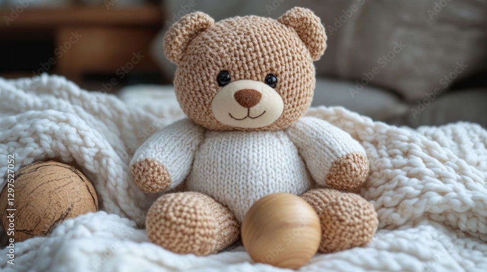Fototapeta premium Knitted teddy bear on cozy blanket with wooden balls, home interior