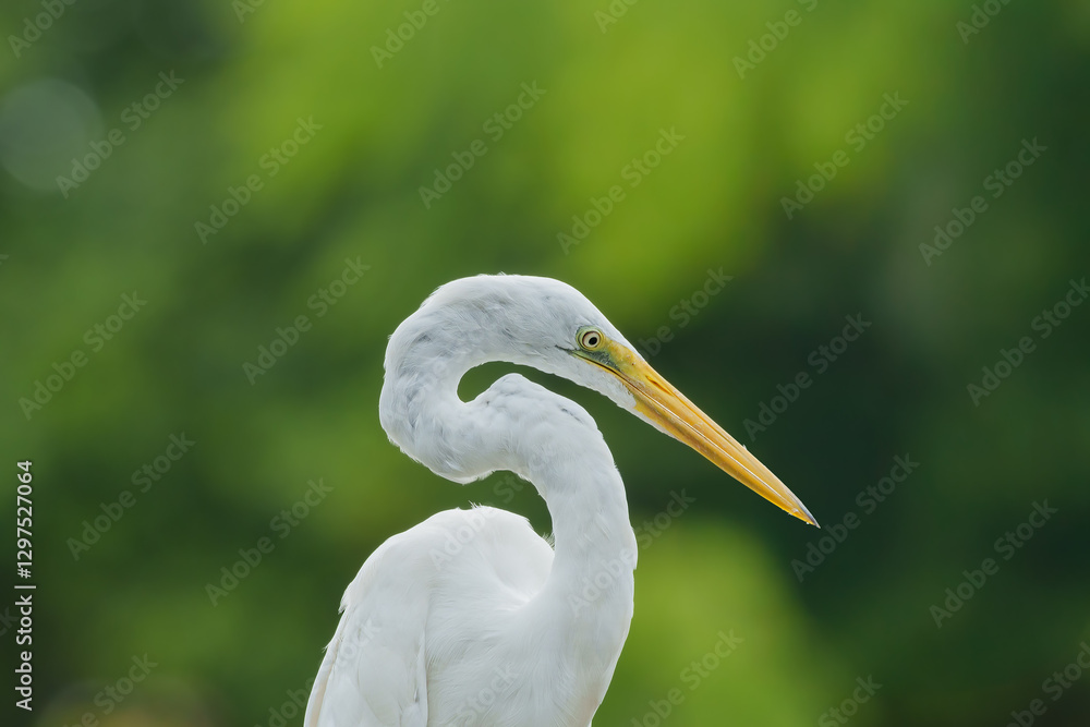 Garça branca grande (Ardea alba) em close up sob um lindo fundo verde desfocado Garça branca grande (Ardea alba) em close up sob um lindo fundo verde desfocado
