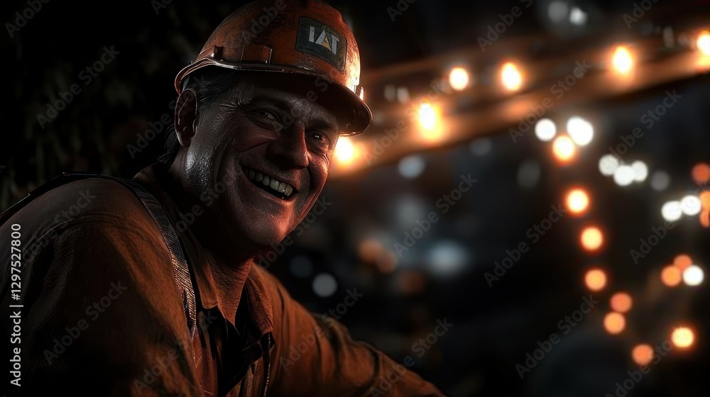 Fototapeta premium Smiling construction worker in an illuminated site, showcasing camaraderie and hard work