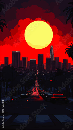 Vibrant Cityscape Vector Art with Dramatic Red Sunset, Modern Skyscrapers, Busy Urban Street Traffic, Palm Trees, and Epic Sun Setting Over the Downtown Skyline