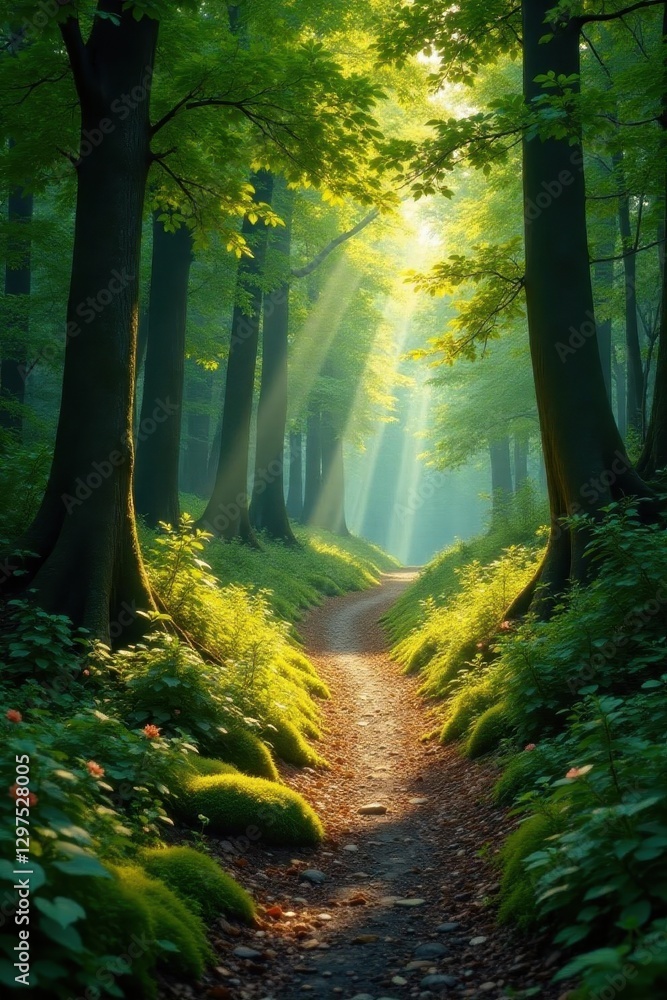 Fototapeta premium Sun-dappled path winds through ancient woods, mossy stones , moss, quiet, trees