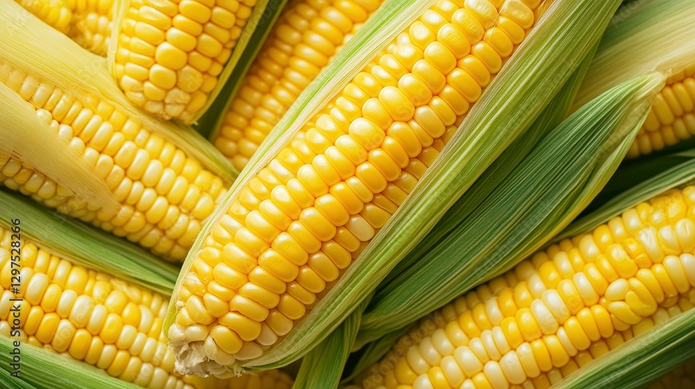 Freshly harvested sweet corn cobs with vibrant green husks close up
