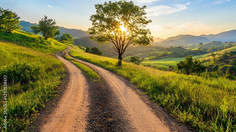 Sunset Country Road Winding Through Lush Green Hills Sunset Country Road Winding Through Lush Green Hills