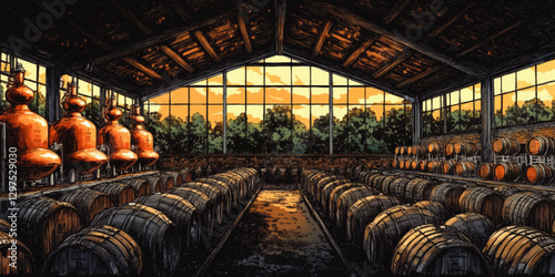 Stunning Vector Artwork of Whiskey Distillery with Copper Stills and Oak Barrels - Interior Warehouse Sunset View for Brewery Enthusiasts and Art Lovers