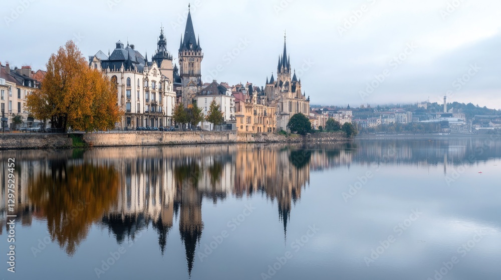 European city reflected in river at dawn European city reflected in river at dawn
