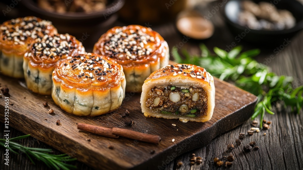 Delicious and Artistic Mooncake Display on Wooden Board with Nuts and Herbs for Festive Celebrations Delicious and Artistic Mooncake Display on Wooden Board with Nuts and Herbs for Festive Celebrations
