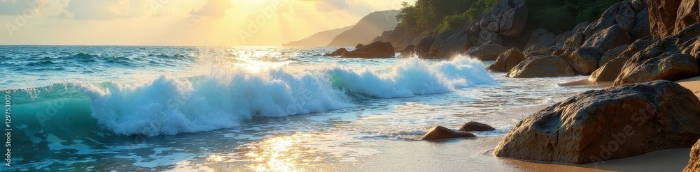Obraz premium Sun-drenched textured rocks emerge from Bali's sea waves , waves, brown