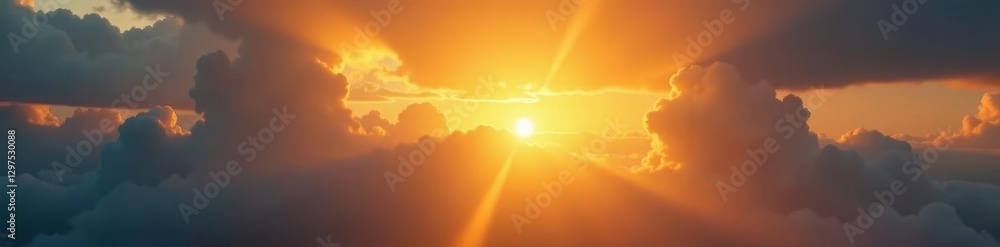 Fototapeta premium Sun rays burst through dramatic cloudscape, vibrant gold light , sun, majestic, dramatic