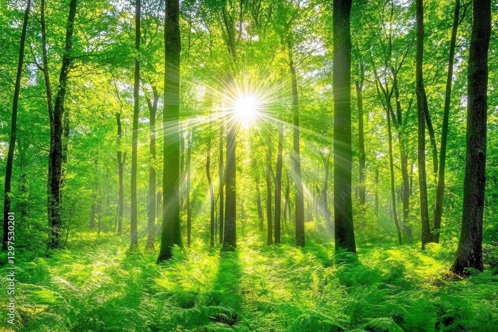 Fototapeta premium Forest Sunlight Dappled Light Through Trees A Lush Green Forest. Tranquil And Peaceful. Outdoor