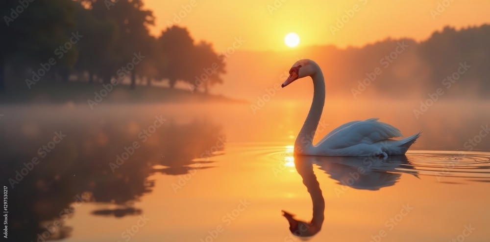 Naklejka premium Swan's silhouette and reflection, blurred sunrise, hazy horizon , evening, water, sunset