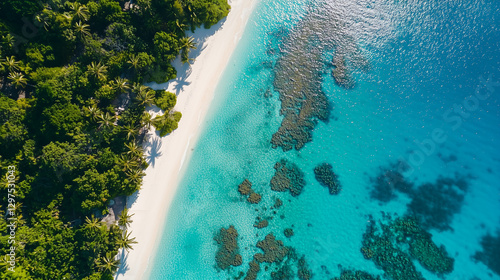 A drone capturing aerial footage of a tropical island with turquoise waters