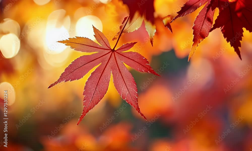 Vibrant red maple leaf hanging delicately against a blurred autumn background with warm sunlight Vibrant red maple leaf hanging delicately against a blurred autumn background with warm sunlight
