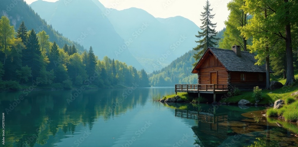 Obraz premium Small wooden cabin on still lake, sun dappled trees , solitude, forest, rural