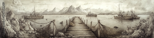 Rustic Maritime Scene: Weathered Wooden Pier, Fishing Boats, and Rocky Mountainous Coastline in Detailed Monochrome Vector Art