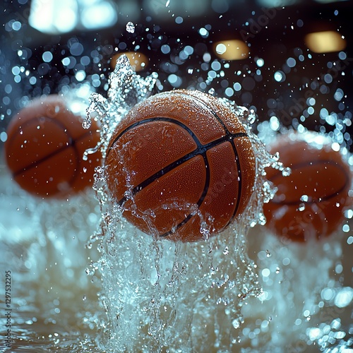 Dynamic photograph capturing basketballs splashing into water, showcasing the energy and excitement of sports. Perfect for illustrating athleticism and aquatic activities. photo