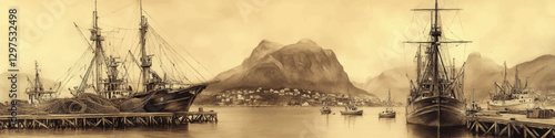Antique Maritime Vector Art: Sailboats at Rustic Harbor with Mountainous Backdrop, Vintage Illustration in Sepia Tones, Nautical Heritage, Historical Dock Scene