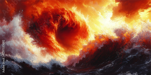 Stunning Vector Illustration of Fiery Ocean Waves with Dramatic Red and Orange Vortex in Dynamic Abstract Seascape Capturing Intense Motion and Energy