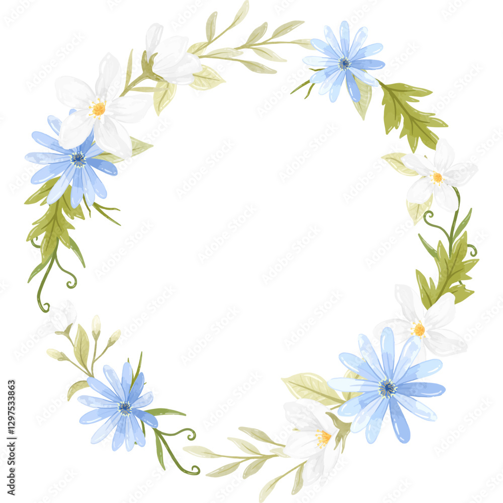 Obraz premium A vibrant blue floral wreath in watercolor, ideal for enhancing romantic and celebratory events