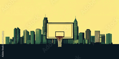 Stylized Urban Skyline with Central Basketball Hoop in Vector Art - Cityscape Silhouette and Sports Theme in Minimalist Design for Modern Digital Use