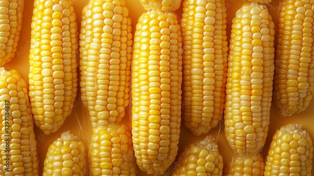 Freshly harvested sweet corn kernels arranged in a detailed image Freshly harvested sweet corn kernels arranged in a detailed image