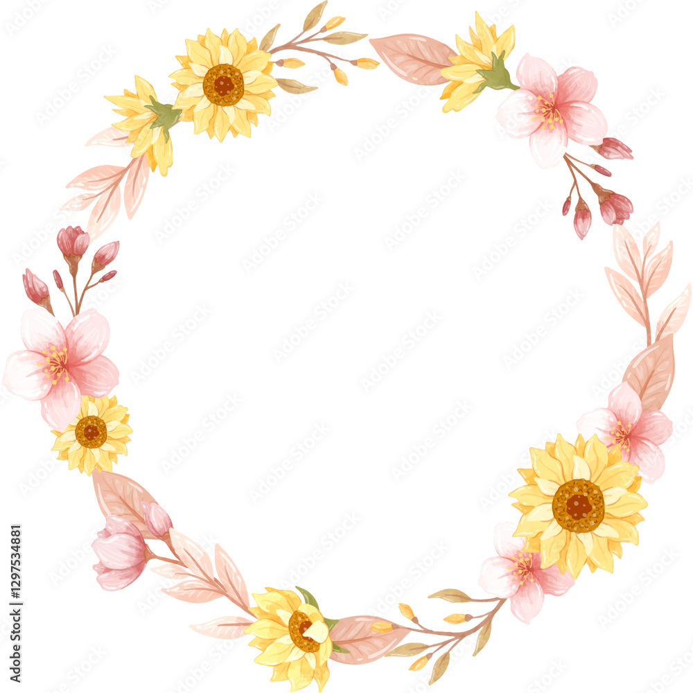 A gentle watercolor wreath with soft spring cherry blossoms and marigolds, perfect for serene settings A gentle watercolor wreath with soft spring cherry blossoms and marigolds, perfect for serene settings