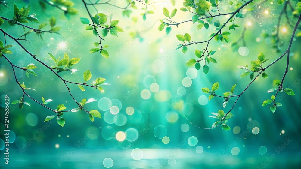 Serene Springtime Scene Tranquil Branches with Vibrant Green Leaves and a Soft, Dreamy Background of Glowing Light and Subtle Bokeh Effects Serene Springtime Scene Tranquil Branches with Vibrant Green Leaves and a Soft, Dreamy Background of Glowing Light and Subtle Bokeh Effects