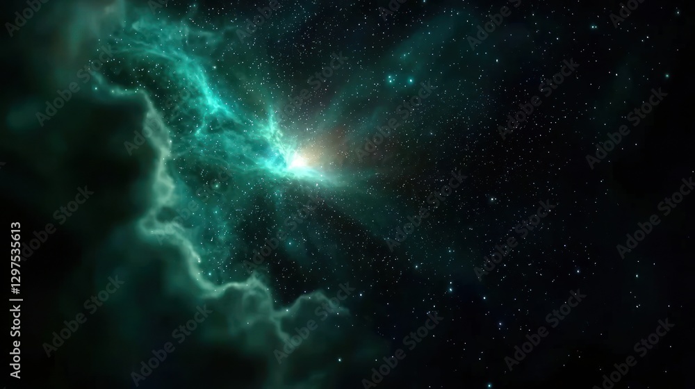 Fototapeta premium Cosmic explosion illuminating a dark starry sky with colorful nebula clouds in the background