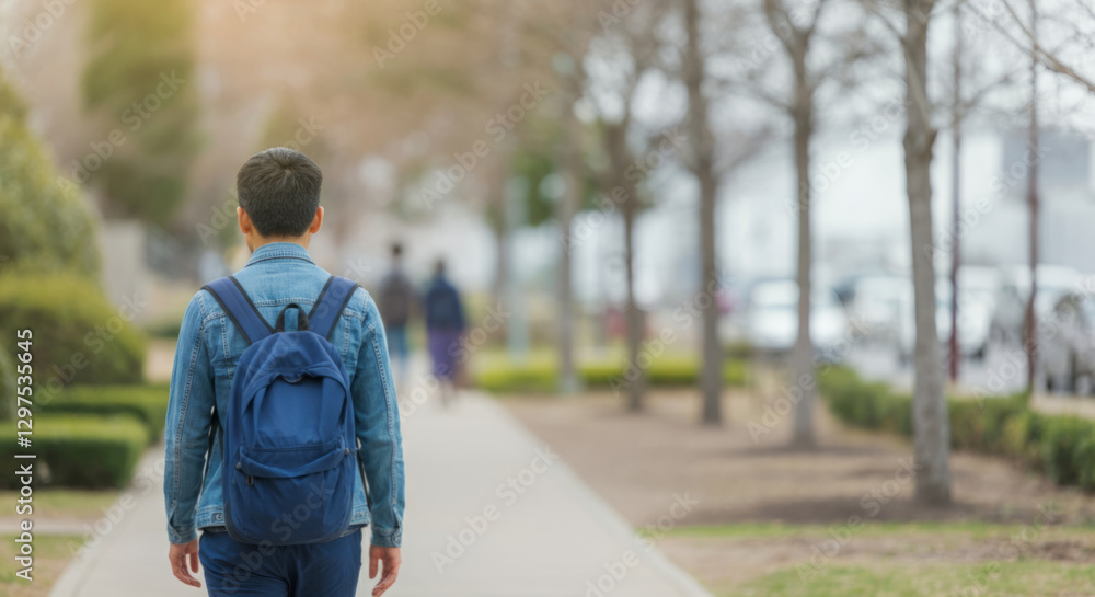 Young asian male walking through a park with backpack on a sunny day Young asian male walking through a park with backpack on a sunny day