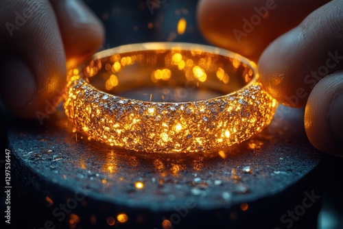 Close Up of a Jeweler Crafting a Gold Ring with Tools in a Workshop photo