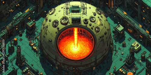 Futuristic Sci-Fi Reactor Chamber Vector Illustration with Glowing Core, High-Tech Industrial Environment, Advanced Machinery, Cyberpunk Aesthetic