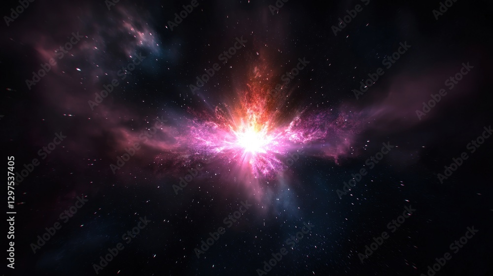 Naklejka premium Vibrant cosmic explosion in deep space, showcasing colorful nebulae and starlight