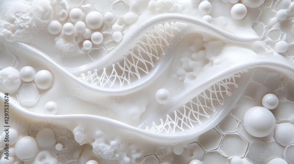 White in color with DNA helix and transparent gel cream balls that help nourish and blend with the human body to form biological cells of beauty technology. White in color with DNA helix and transparent gel cream balls that help nourish and blend with the human body to form biological cells of beauty technology.