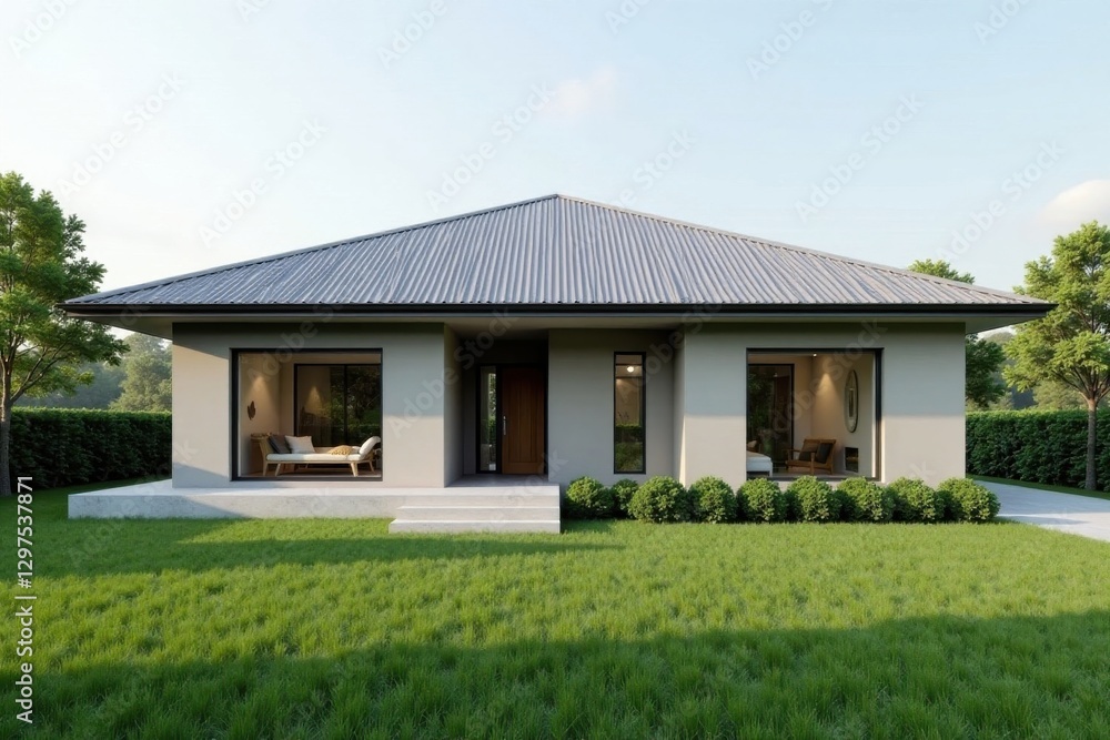Fototapeta premium Modern Ranch Style Home with Expansive Windows and Lush Green Lawn