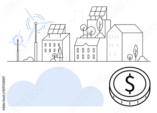 Wind turbines, solar panels, modern buildings, trees, coin with dollar sign, and cloud shape. Ideal for sustainability, renewable energy, eco-friendly cities urban planning clean tech green