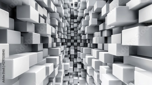 An abstract perspective of a tunnel made of white cubes, creating a sense of depth and dimension. Ideal for modern design projects and backgrounds.