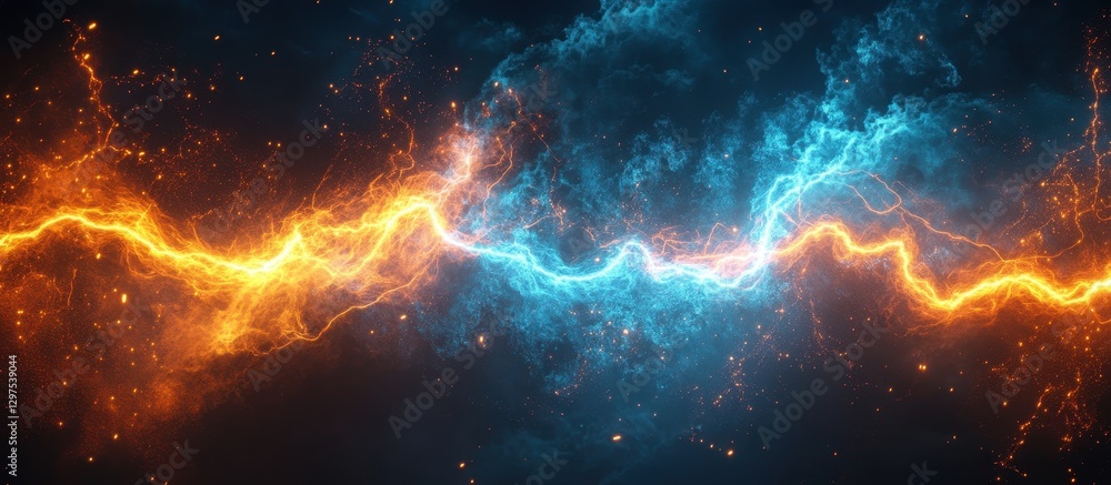 Dynamic Energy Clash - Vibrant Blue and Orange Lightning Bolts in a Dramatic Cosmic Nebula Background Dynamic Energy Clash - Vibrant Blue and Orange Lightning Bolts in a Dramatic Cosmic Nebula Background
