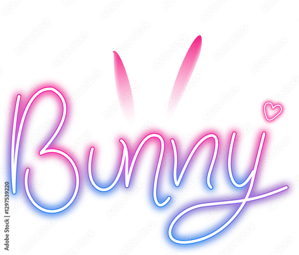 Easter bunny rabbit ear decoration with text, digital line art in colorful neon light effect, PNG file no background