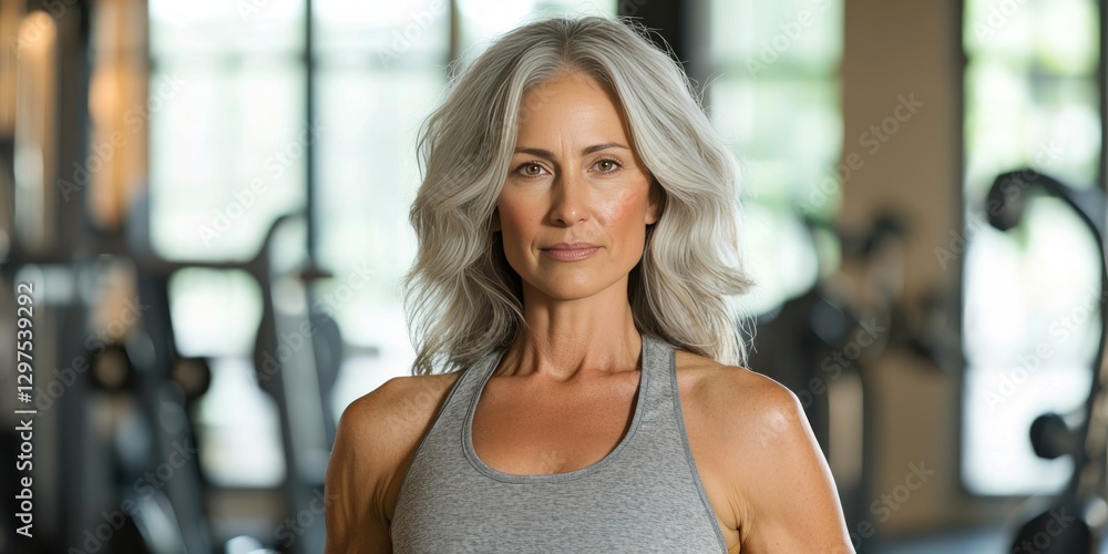 Obraz premium Portrait of smiling Middle aged woman working out gym fitness healthy lifestyle gym fitness for seniors, healthy aging, active lifestyle