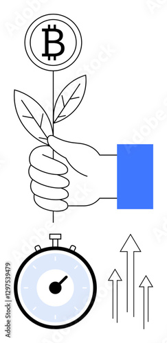 Hand holds plant with Bitcoin symbol surrounded by stopwatch and arrows pointing upwards. Ideal for finance, cryptocurrency, investment, growth, time management, progress, innovation. Line metaphor