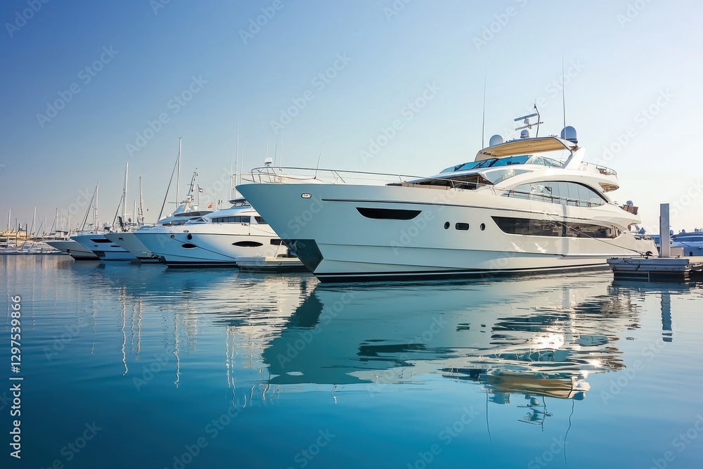 Luxury yachts docked in a serene marina, reflecting in calm waters under a clear blue sky. Perfect for showcasing leisure and travel luxury.